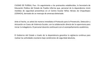Activan protocolos por amenazas en escuelas de Puebla
